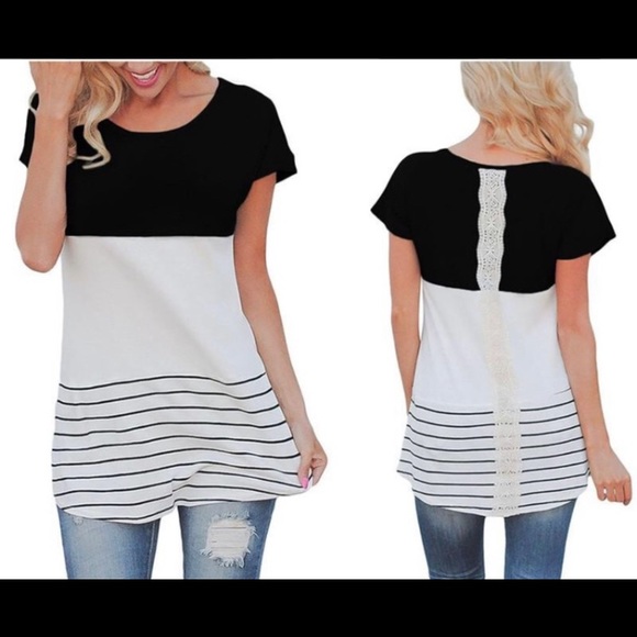 Tops - STRIPED & LACE BLACK & WHITE TUNIC TEE XL NWT
